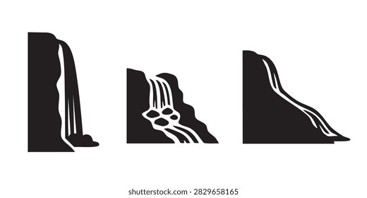 Black Silhouette Vector Set of Waterfall Cliff and Coastal Landscape Illustrations
