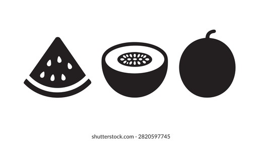 Black Silhouette Vector Set of Watermelon Kiwi and Melon Fruit Icons
