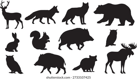 Black silhouette vector set of wild forest animals including deer, wolf, fox, bear, wild boar, rabbit, squirrel, owl, and moose. This illustration represents wildlife, woodland animals, nature fauna, hunting symbols, forest ecosystem, and outdoor themes. Ideal for nature designs, wildlife projects, logos, posters, educational materials, infographics, and editorial use