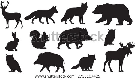 Black silhouette vector set of wild forest animals including deer, wolf, fox, bear, wild boar, rabbit, squirrel, owl, and moose. This illustration represents wildlife, woodland animals, nature fauna, hunting symbols, forest ecosystem, and outdoor themes. Ideal for nature designs, wildlife projects, logos, posters, educational materials, infographics, and editorial use