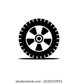Black silhouette vector showcases a car wheel, with distinct tire tread design. Wheel resting on transparent background adds versatility.