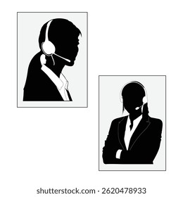 A black silhouette vector showing a female customer service agent with a headset, viewed from the side and front. Perfect for communication, support, call center, and business themes.
