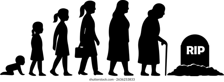 A black silhouette vector showing seven stages of a woman's life, from crawling baby to elderly with a cane, ending at a gravestone labeled RIP. Minimalist and conceptual	
