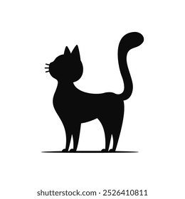 A black silhouette vector of a standing cat with a raised, curved tail. Ideal for animal-related designs, pet branding, or Halloween-themed projects.