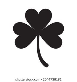Black silhouette vector of a three leaf clover with heart shaped leaves. Ideal for use in icons, luck symbols, Irish culture, St. Patrick’s Day, nature, or decorative designs.