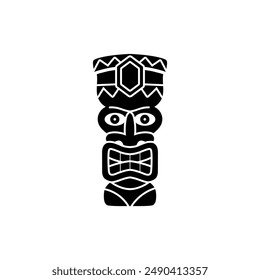 Black silhouette vector Tiki mask. Traditional Polynesian woodcut illustration of a totem on an isolated background. Hawaiian ceremonial symbol. Ideal for tattoos and designs.