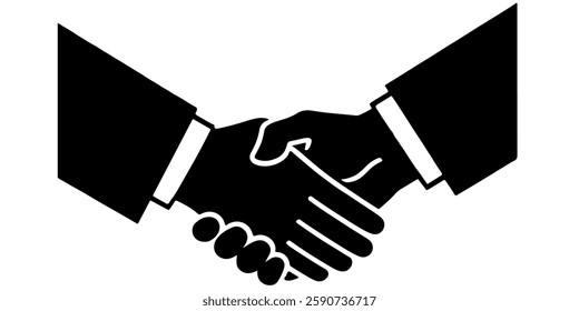 Black silhouette vector of two hands shaking, symbolizing agreement or partnership, against a white background.