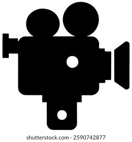 Black silhouette vector  of a vintage movie camera icon with two lenses and a viewfinder.