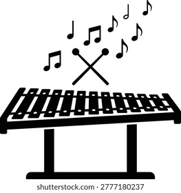 Black silhouette vector of a xylophone with mallets and musical notes for music education, orchestral performance, and rhythmic sound design