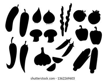 Black silhouette. Vegetable collection icon. Set of pepper, garlic, corn, green pea and etc. Agriculture and food icon design. Flat vector illustration isolated on white background.