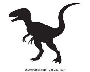 Black silhouette of Velociraptor dinosaur in aggressive stance, isolated on white background, graphic illustration. Concept of prehistoric predator, raptor species, jurassic animal design element.