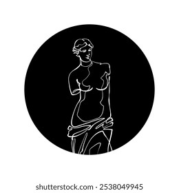 Silueta negra de la Venus de Milo (Afrodita de Melos) en círculo negro. Dibujo gráfico. Ilustración vectorial.