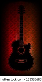 
Black silhouette of a vertically positioned guitar on an abstract background of a red color guitar.