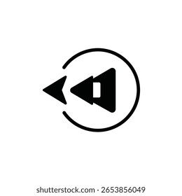 Uma silhueta preta de um símbolo de rebobinamento de cassete VHS é posicionada centralmente sobre um fundo branco dentro de um quadro circular. O estilo é simples e minimalista.