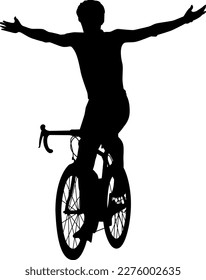 Black silhouette of a victorious cyclist at the finish line on a white background