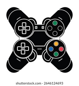 Black silhouette video game controller with four colored buttons red blue green yellow on white background simple graphic design