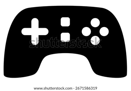 Black silhouette of a video game controller in vektor format. Features a cross-shaped D-pad, central square buttons, and diamond-shaped action buttons. Ideal for gaming UI or icon design.
