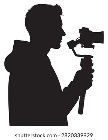 A black silhouette of a videographer holding a camera on a gimbal stabilizer, isolated on white background.