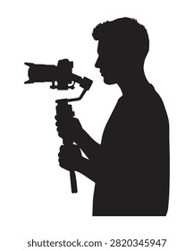 A black silhouette of a videographer holding a camera stabilizer gimbal for capturing smooth cinematic footage.