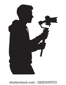 A black silhouette of a videographer holding a camera on a gimbal stabilizer isolated on a plain white background.
