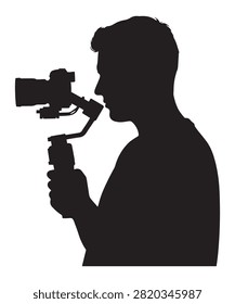 A black silhouette of a videographer holding a camera stabilizer gimbal to capture smooth and cinematic video shots.