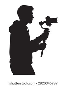 A black silhouette of a videographer holding a camera on a gimbal stabilizer isolated on a plain white background.