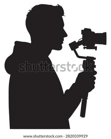 A black silhouette of a videographer holding a camera on a gimbal stabilizer, isolated on white background.