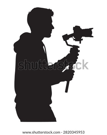 A black silhouette of a videographer holding a camera on a gimbal stabilizer isolated on a plain white background.
