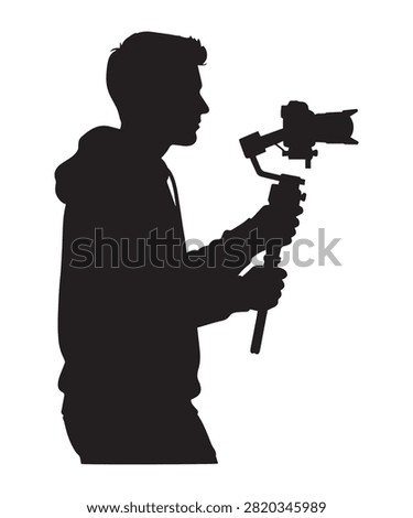 A black silhouette of a videographer holding a camera on a gimbal stabilizer isolated on a plain white background.
