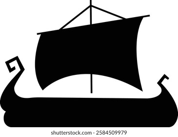 Black silhouette of a Viking ship on water icon, sailboat vehicle gondola. old designs ships, vintage galleons isolated on transparent background, graphic art vector styles, logo, template elements