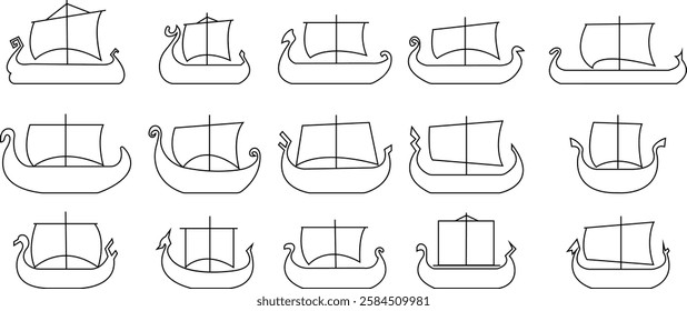 Black silhouette of a Viking ship on water icon set, sailboat vehicle gondola old designs ships, vintage galleons isolated on transparent background, graphic art vector styles, logo, template elements