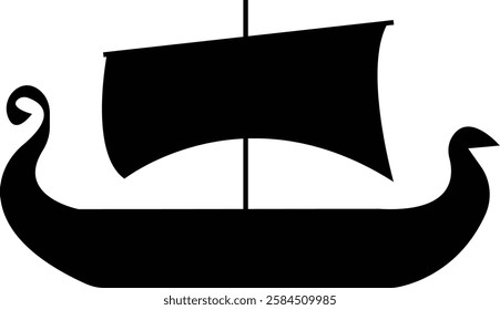 Black silhouette of a Viking ship on water icon, sailboat vehicle gondola. old designs ships, vintage galleons isolated on transparent background, graphic art vector styles, logo, template elements