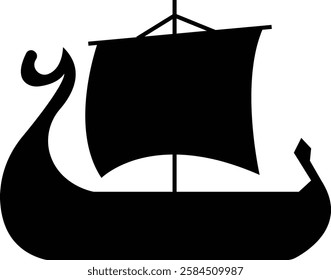 Black silhouette of a Viking ship on water icon, sailboat vehicle gondola. old designs ships, vintage galleons isolated on transparent background, graphic art vector styles, logo, template elements