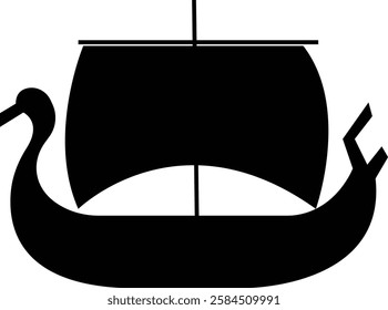 Black silhouette of a Viking ship on water icon, sailboat vehicle gondola. old designs ships, vintage galleons isolated on transparent background, graphic art vector styles, logo, template elements