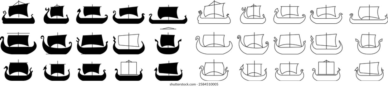 Black silhouette of a Viking ship on water icon set, sailboat vehicle gondola old designs ships, vintage galleons isolated on transparent background, graphic art vector styles, logo, template elements