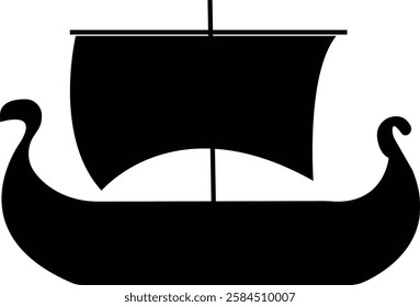 Black silhouette of a Viking ship on water icon, sailboat vehicle gondola. old designs ships, vintage galleons isolated on transparent background, graphic art vector styles, logo, template elements