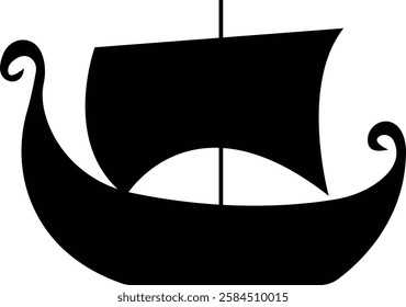 Black silhouette of a Viking ship on water icon, sailboat vehicle gondola. old designs ships, vintage galleons isolated on transparent background, graphic art vector styles, logo, template elements