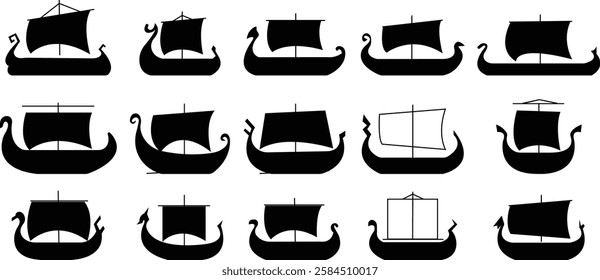 Black silhouette of a Viking ship on water icon set, sailboat vehicle gondola old designs ships, vintage galleons isolated on transparent background, graphic art vector styles, logo, template elements