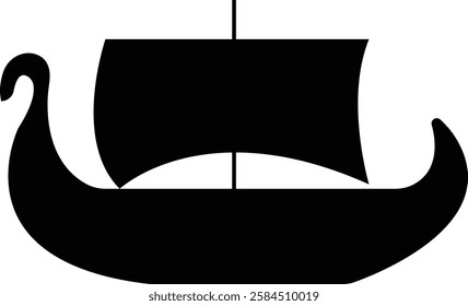 Black silhouette of a Viking ship on water icon, sailboat vehicle gondola. old designs ships, vintage galleons isolated on transparent background, graphic art vector styles, logo, template elements