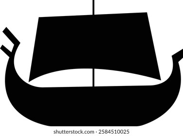 Black silhouette of a Viking ship on water icon, sailboat vehicle gondola. old designs ships, vintage galleons isolated on transparent background, graphic art vector styles, logo, template elements