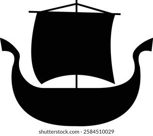 Black silhouette of a Viking ship on water icon, sailboat vehicle gondola. old designs ships, vintage galleons isolated on transparent background, graphic art vector styles, logo, template elements