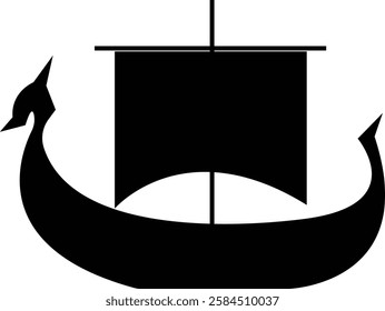 Black silhouette of a Viking ship on water icon, sailboat vehicle gondola. old designs ships, vintage galleons isolated on transparent background, graphic art vector styles, logo, template elements