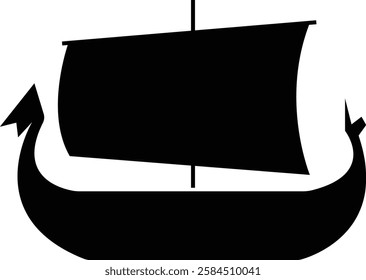 Black silhouette of a Viking ship on water icon, sailboat vehicle gondola. old designs ships, vintage galleons isolated on transparent background, graphic art vector styles, logo, template elements