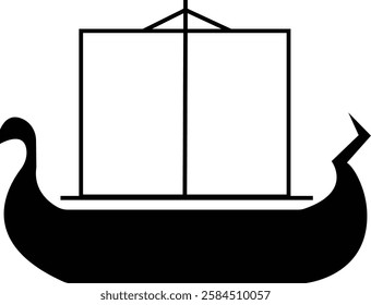 Black silhouette of a Viking ship on water icon, sailboat vehicle gondola. old designs ships, vintage galleons isolated on transparent background, graphic art vector styles, logo, template elements