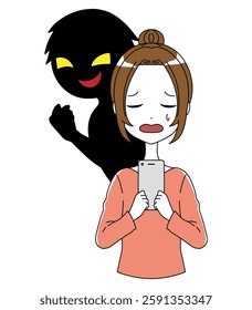 A black silhouette of a villain and an anxious woman holding a smartphone