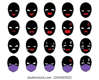 Black silhouette villain face icon set