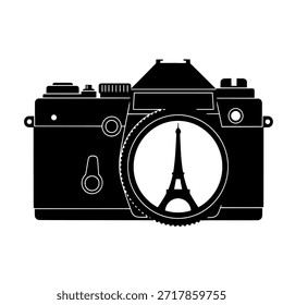 A black silhouette of a vintage camera with the Eiffel Tower framed within its lens, symbolizing travel, photography, and the iconic city of Paris.