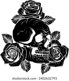 black silhouette of Vintage human skull with rose flowers isolated vector illustration