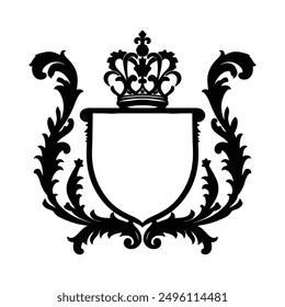 Black silhouette of a vintage  shield and crown  with floral border isolated white background