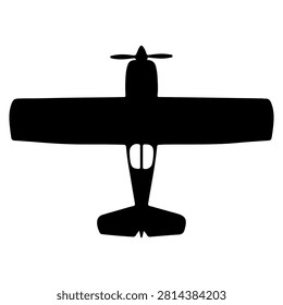Black silhouette of a vintage single-engine airplane viewed from above, showcasing its wings, fuselage, and tail against a white background.